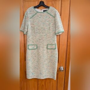 Teri Jon Cream and Green Tweed Midi Dress